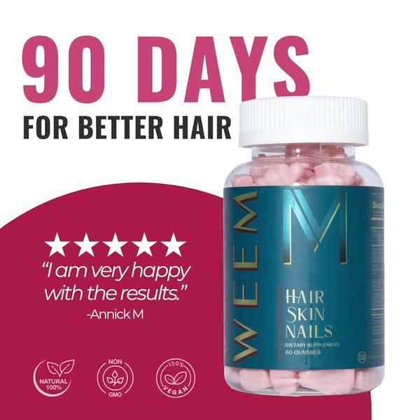 A clean, testimonial-focused ad creative featuring a 90-day product result promise alongside social proof for hair, skin, and nails supplements.